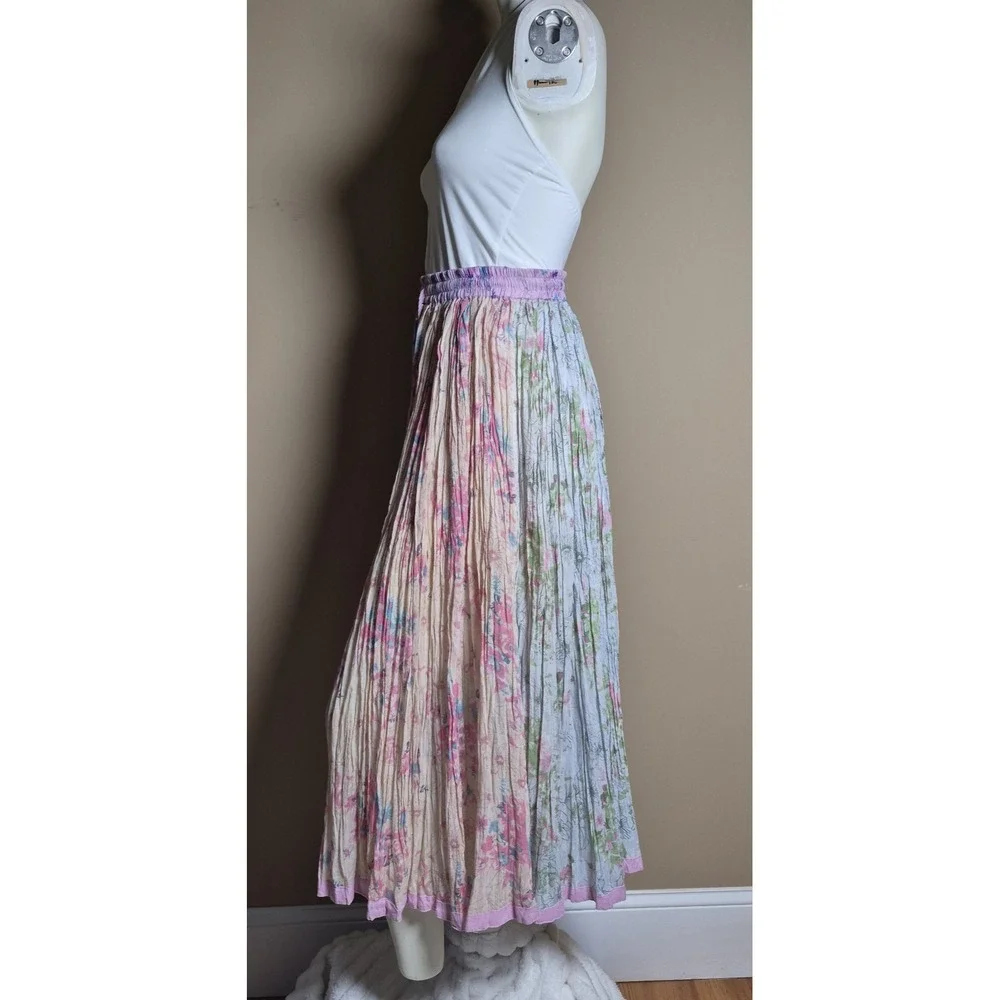 Boutique Floral Patchwork Cotton Crinkle Maxi Skirt Purple Pink XL One Size
